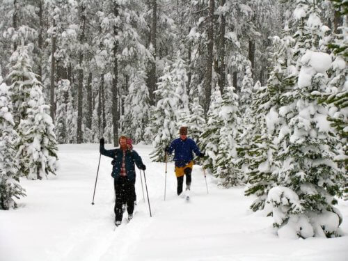 two people cross country skiing in deep snow at Chief Joseph Pass