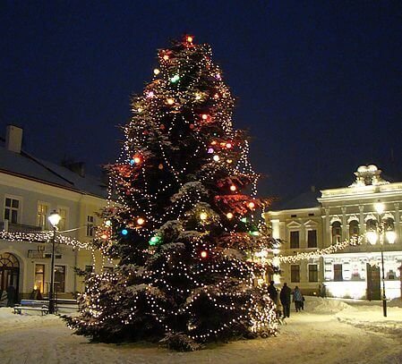 Decorated Christmas tree in a snowy square at night