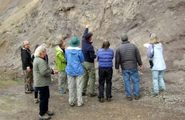 Bruce Baty pointing out geologic features on a road cut on a Naturalist Field Day