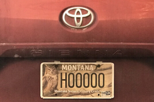 A photo of the MNHC license plate on the back of a red car. The license number is "H00000."