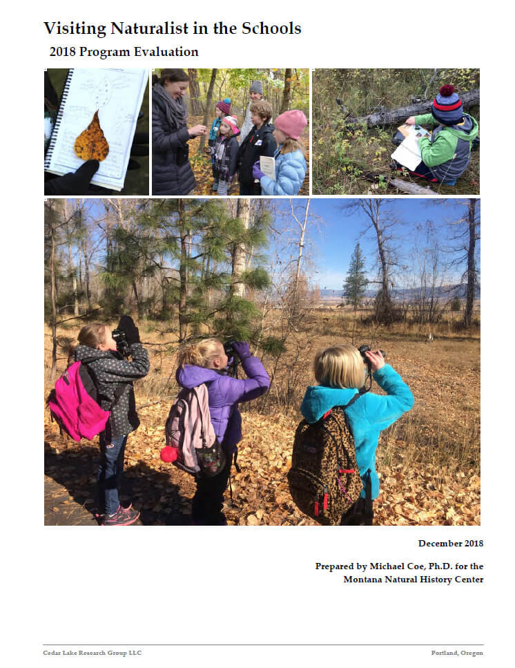 front cover of the 2018 Visiting Naturalist in the Schools evaluation report, with pictures of children outside on field trips