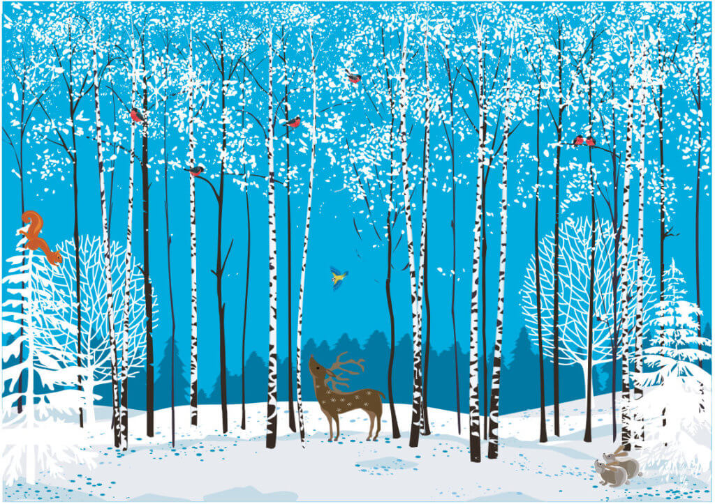 stock photo graphic of deer, squirrel, rabbits, and birds in wintry woods against a blue sky